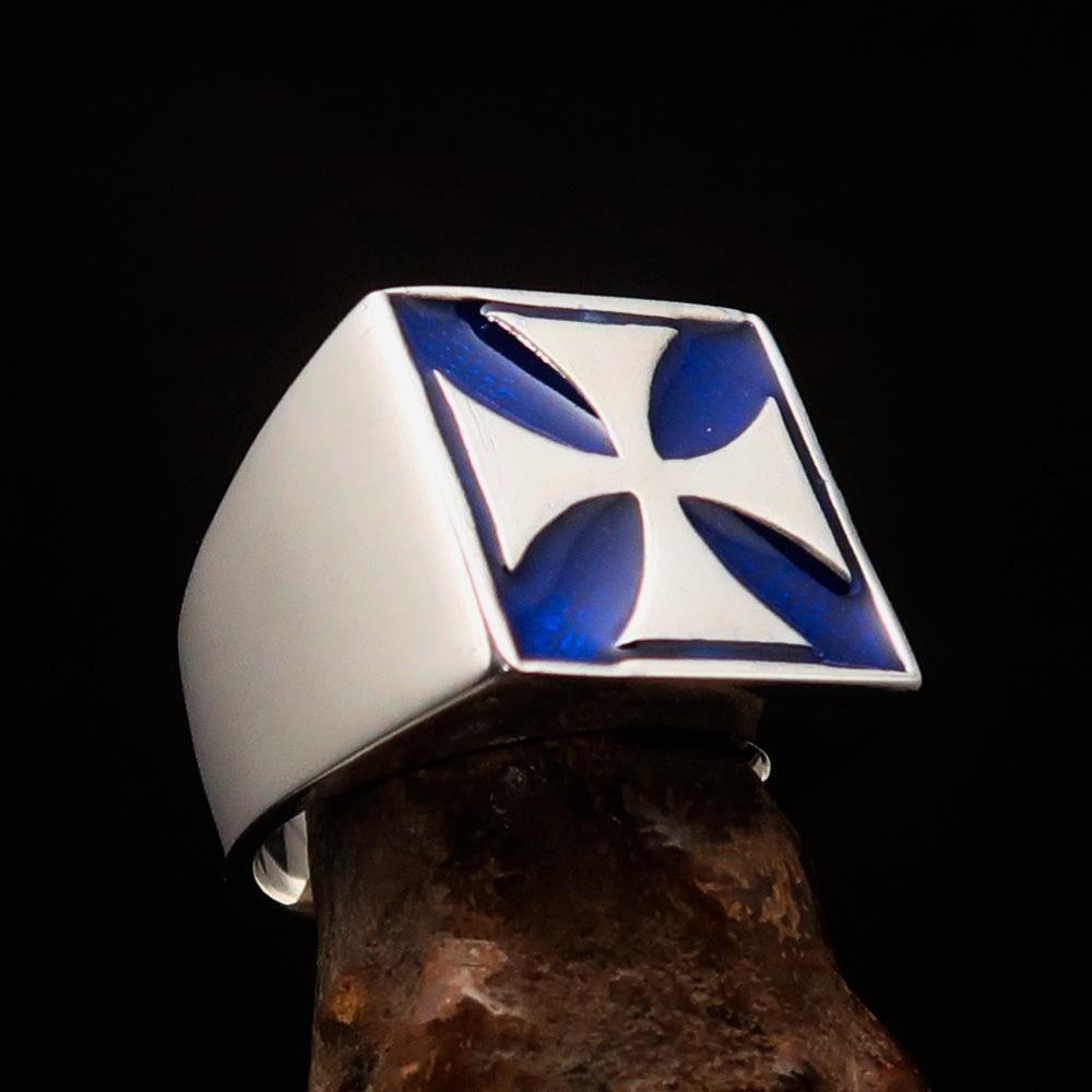 Perfectly crafted Men's Biker Ring Iron Cross Blue - Sterling Silver - BikeRing4u