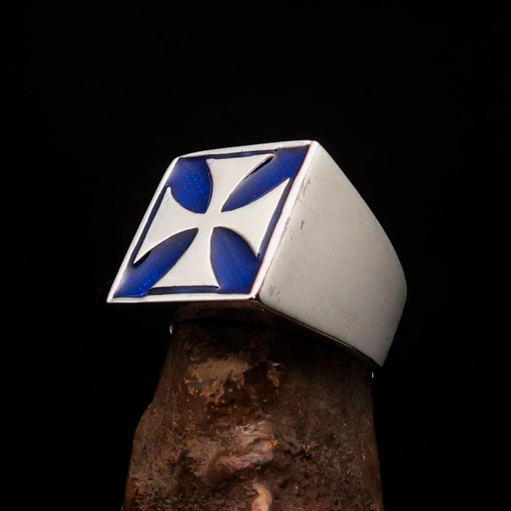 Perfectly crafted Men's Biker Ring Iron Cross Blue - Sterling Silver - BikeRing4u