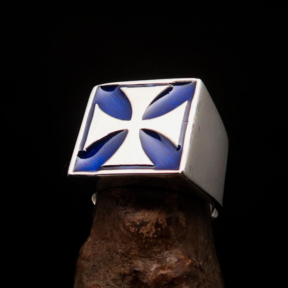 Perfectly crafted Men's Biker Ring Iron Cross Blue - Sterling Silver - BikeRing4u