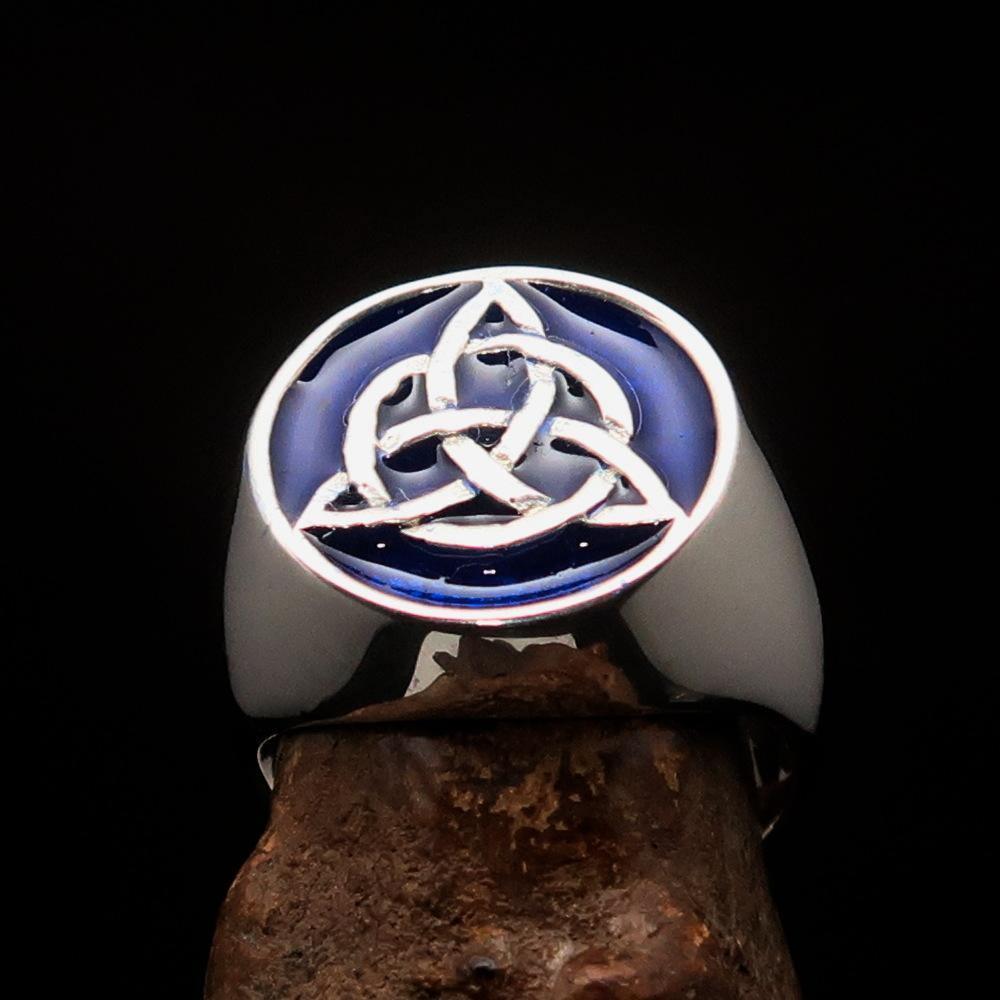 Nicely crafted Men's Triquetra Ring Celtic Triskelion Knot Blue - Sterling Silver - BikeRing4u