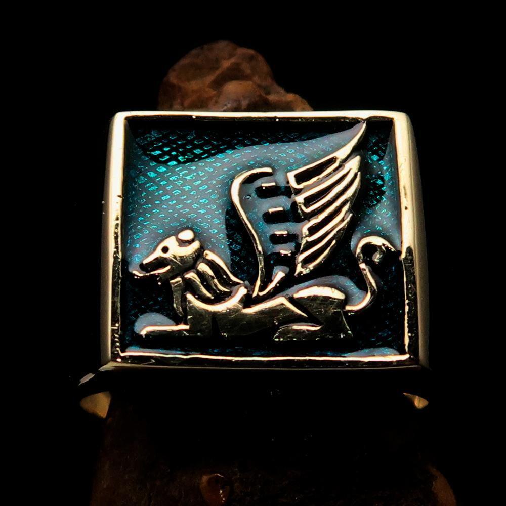 Perfectly crafted Men's Ring winged Lion of Venice Blue - Solid Brass - BikeRing4u