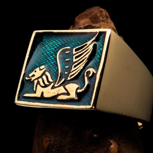 Perfectly crafted Men's Ring winged Lion of Venice Blue - Solid Brass - BikeRing4u