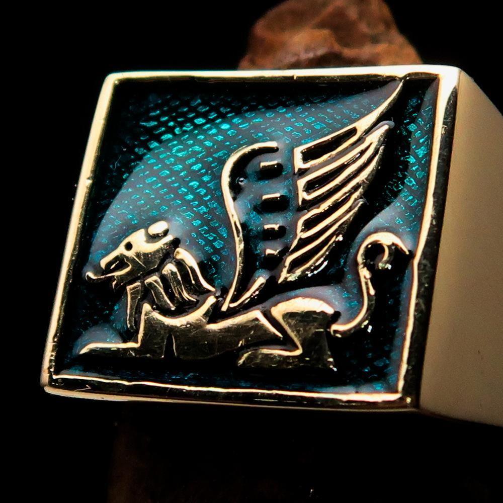 Perfectly crafted Men's Ring winged Lion of Venice Blue - Solid Brass - BikeRing4u