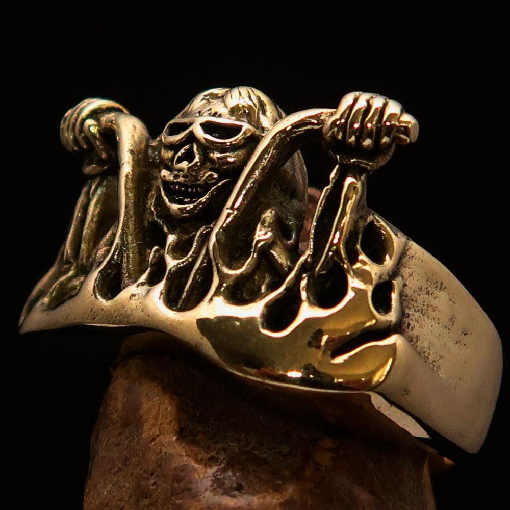 Men's Outlaw Pinky Ring Biker on Chopper - antiqued Brass - BikeRing4u