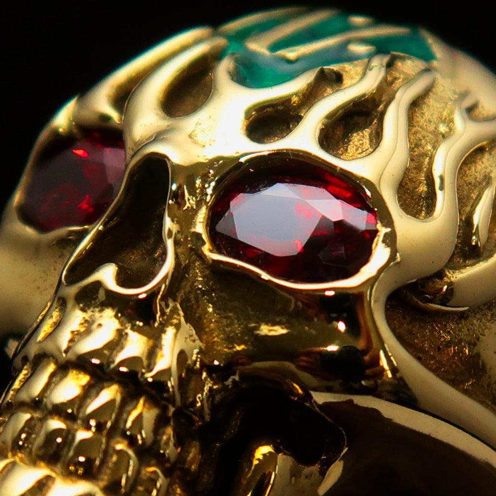 Excellent crafted Men's green 1% Flaming Skull Outlaw Ring red CZ Eyes Enamel - Solid Brass - BikeRing4u