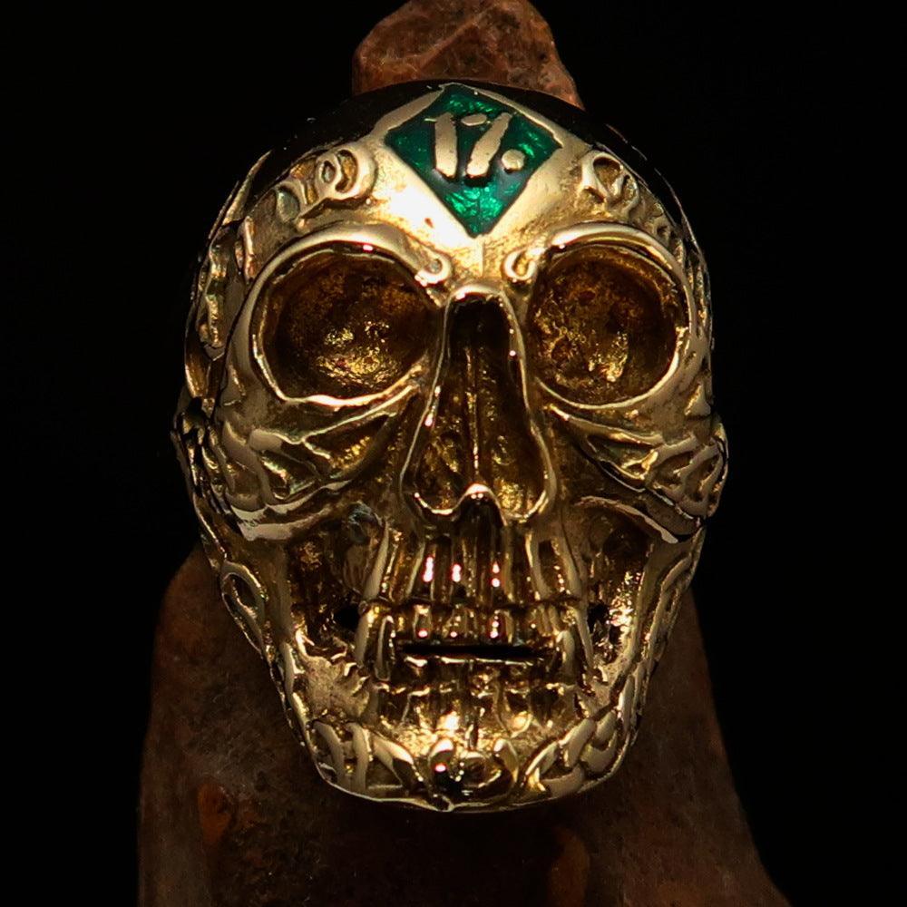 Excellent crafted Men's green 1% Runes Skull Outlaw Biker Ring - solid Brass - BikeRing4u