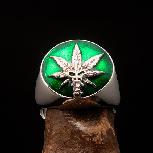 Men's Ring Cannabis Leaf Marihuana green Medical Weed Symbol - Sterling Silver - BikeRing4u