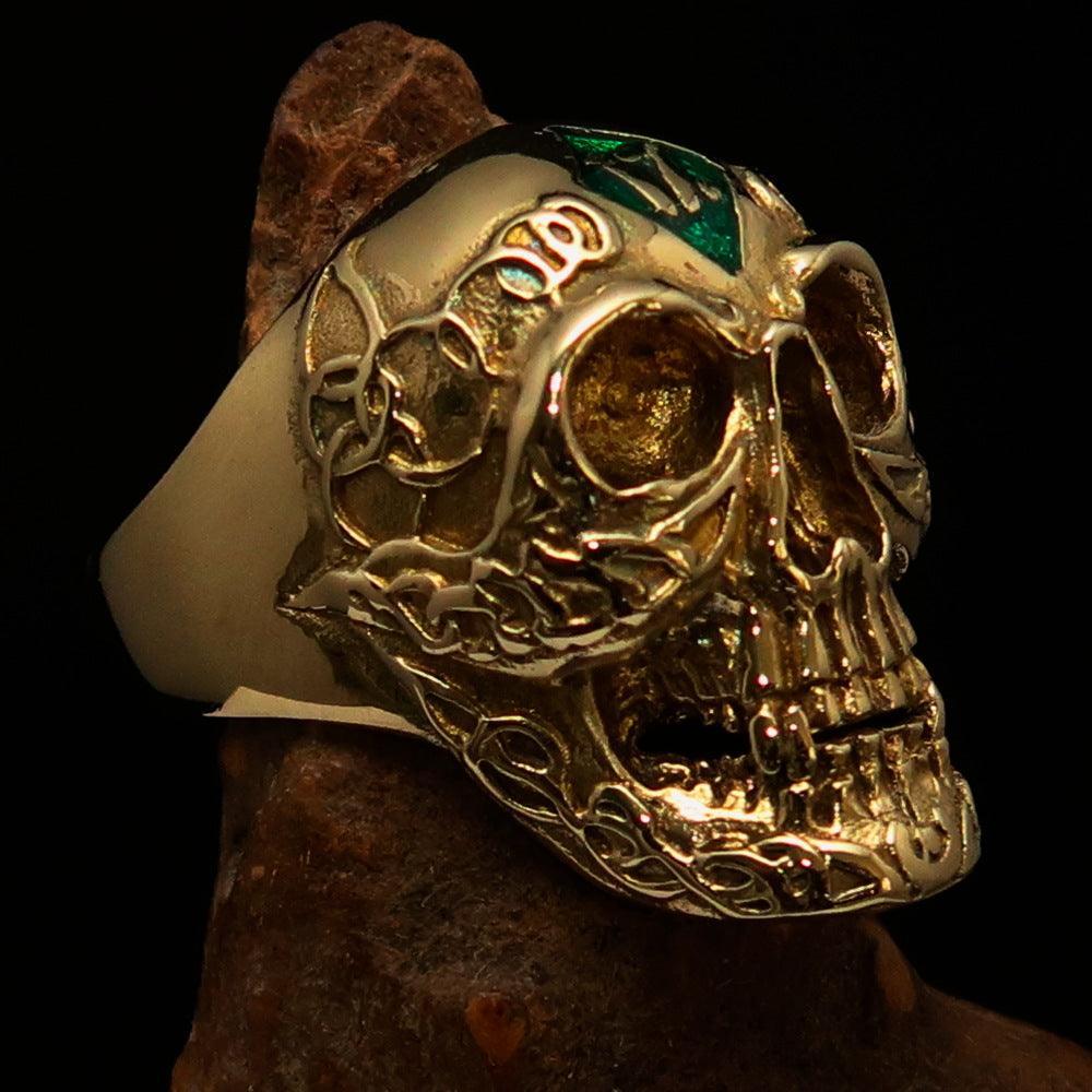 Excellent crafted Men's green 1% Runes Skull Outlaw Biker Ring - solid Brass - BikeRing4u