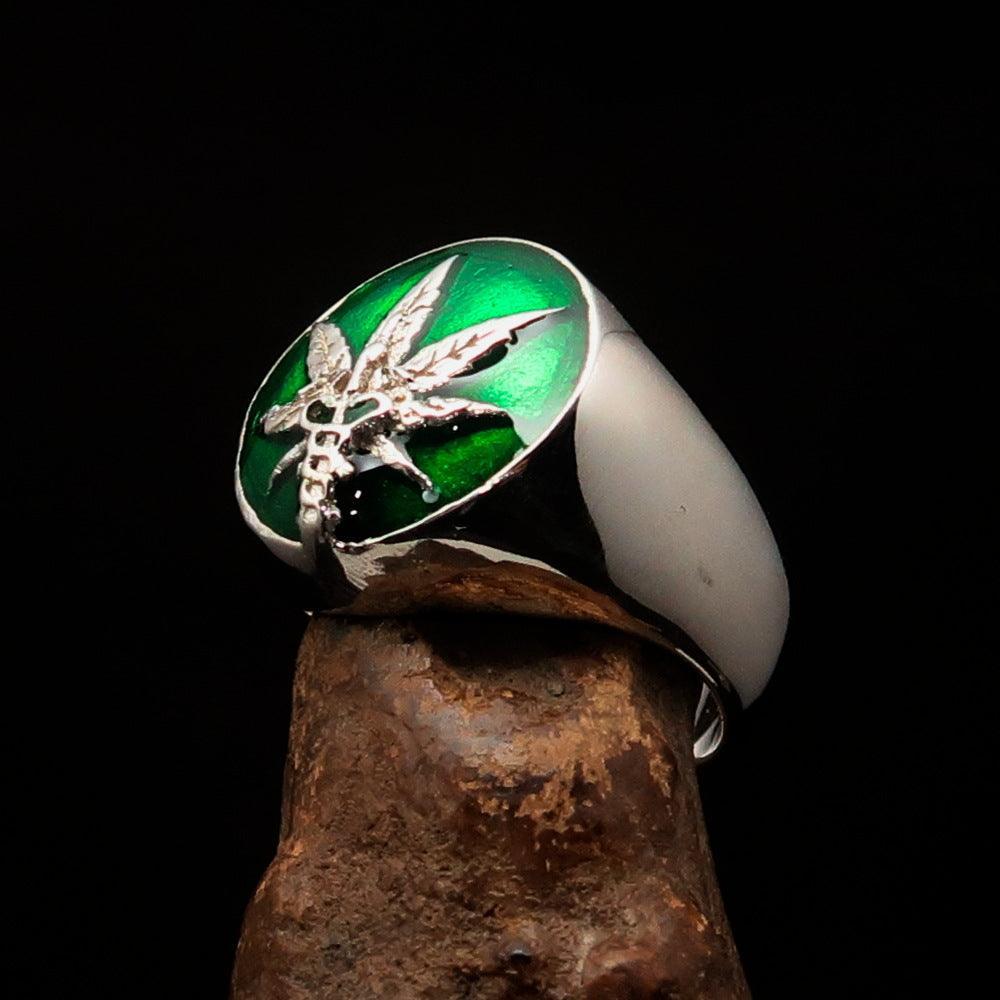 Men's Ring Cannabis Leaf Marihuana green Medical Weed Symbol - Sterling Silver - BikeRing4u