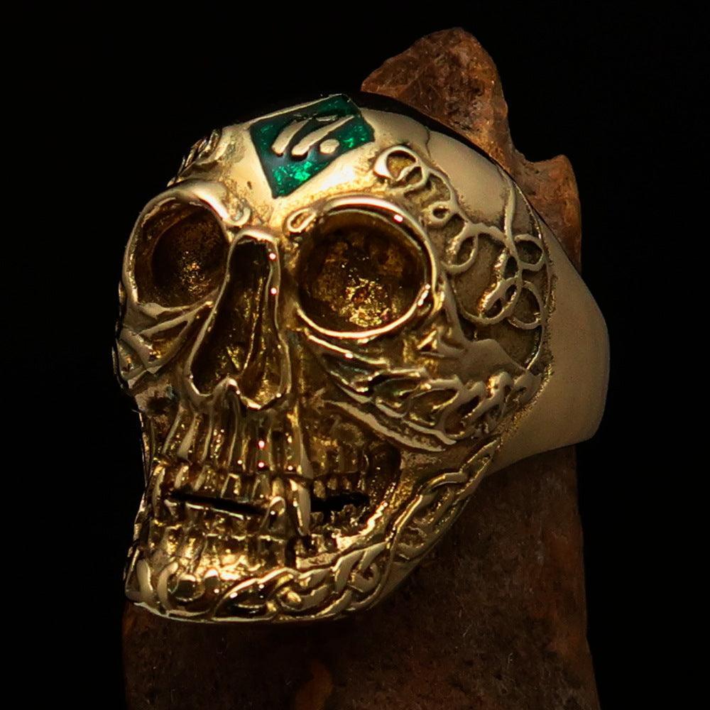 Excellent crafted Men's green 1% Runes Skull Outlaw Biker Ring - solid Brass - BikeRing4u