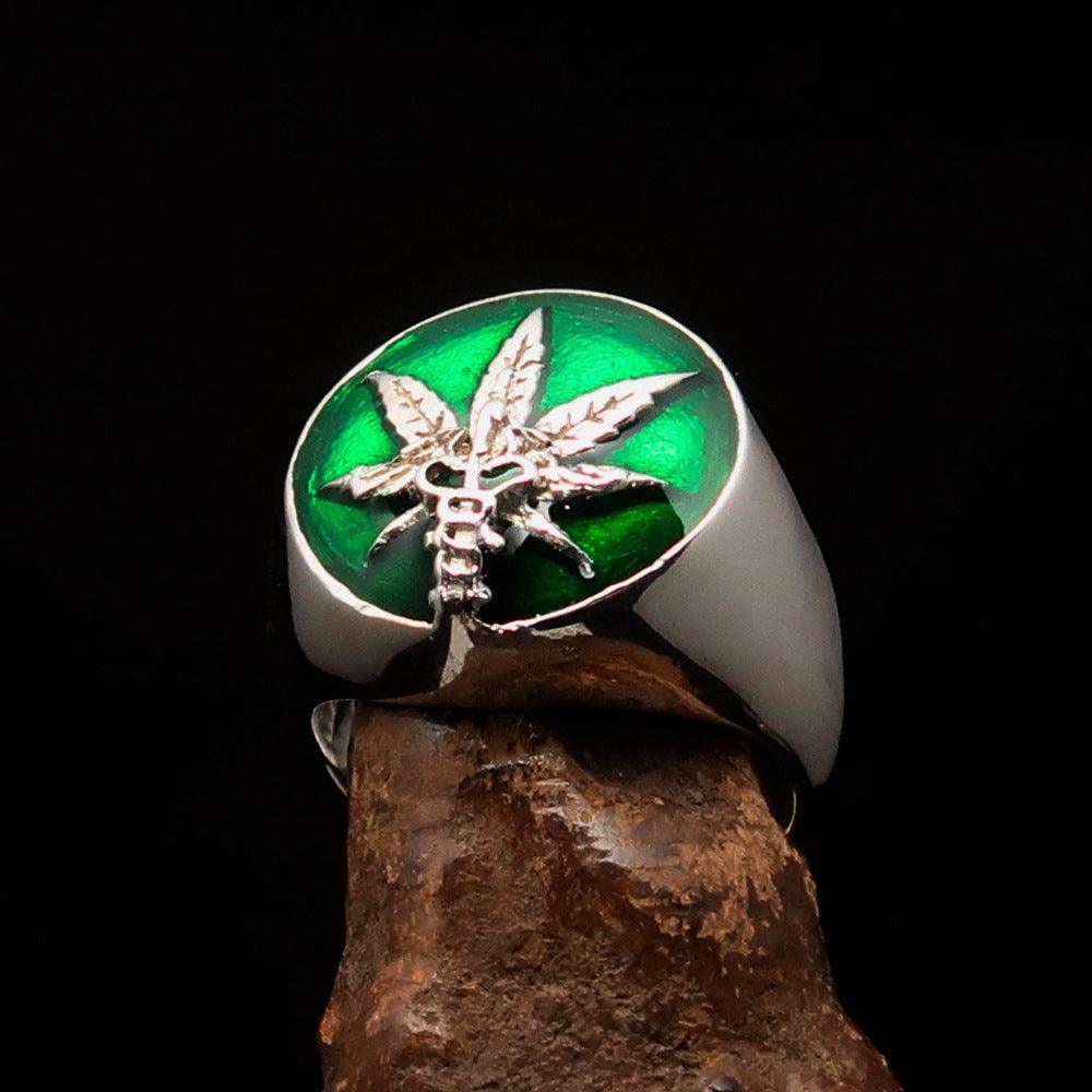 Men's Ring Cannabis Leaf Marihuana green Medical Weed Symbol - Sterling Silver - BikeRing4u