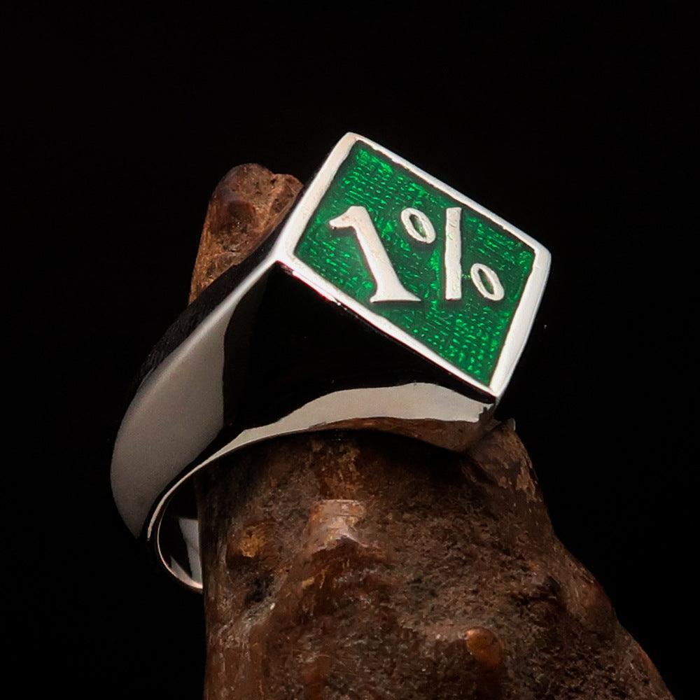 Men's Sterling Silver Biker Ring Diamond shaped green 1% Percent Outlaw Symbol - BikeRing4u