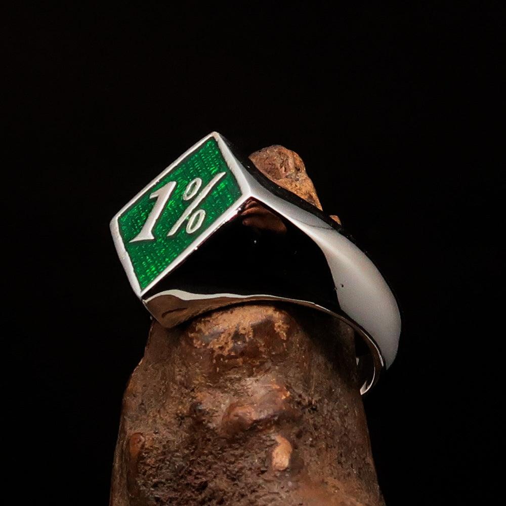 Men's Sterling Silver Biker Ring Diamond shaped green 1% Percent Outlaw Symbol - BikeRing4u
