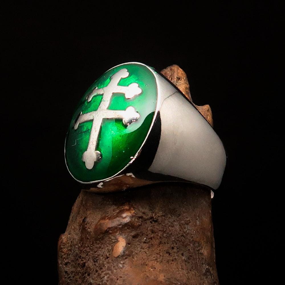 Excellent crafted oval domed Men's green Cross Lorraine Ring - Sterling Silver - BikeRing4u