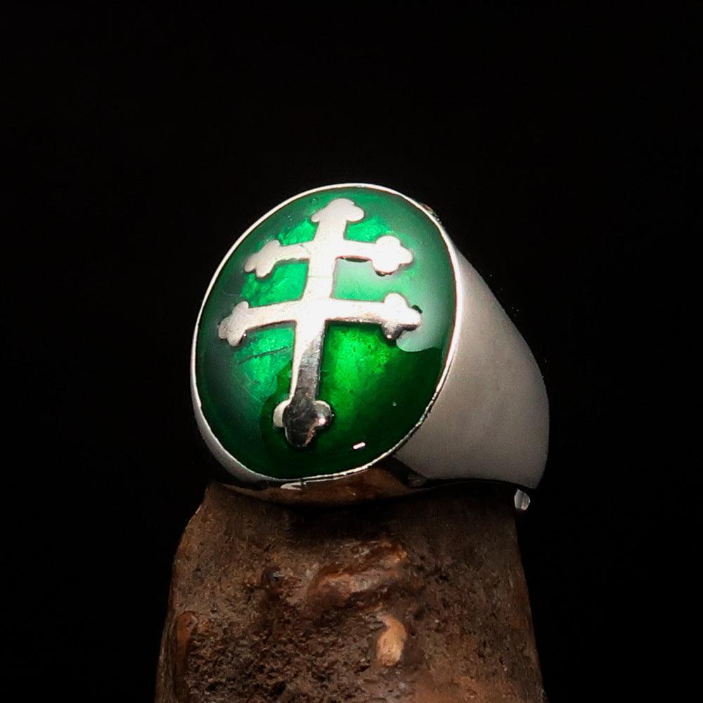 Excellent crafted oval domed Men's green Cross Lorraine Ring - Sterling Silver - BikeRing4u