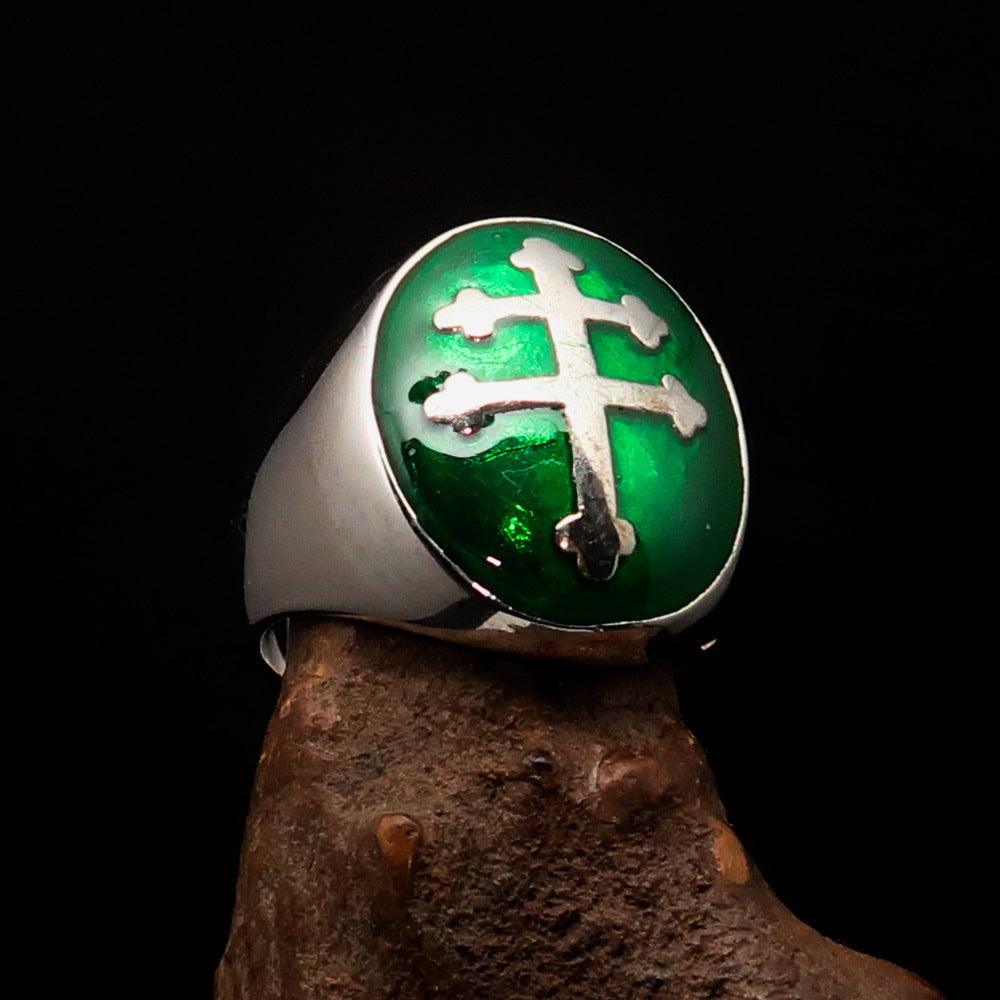 Excellent crafted oval domed Men's green Cross Lorraine Ring - Sterling Silver - BikeRing4u