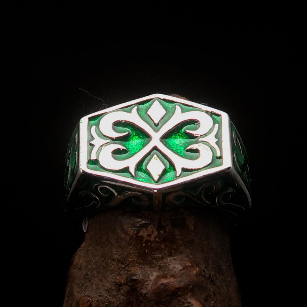 Excellent crafted Men's Medieval Ring green Oriental Crest Sterling Silver - BikeRing4u