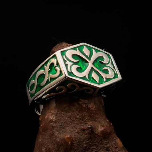 Excellent crafted Men's Medieval Ring green Oriental Crest Sterling Silver - BikeRing4u
