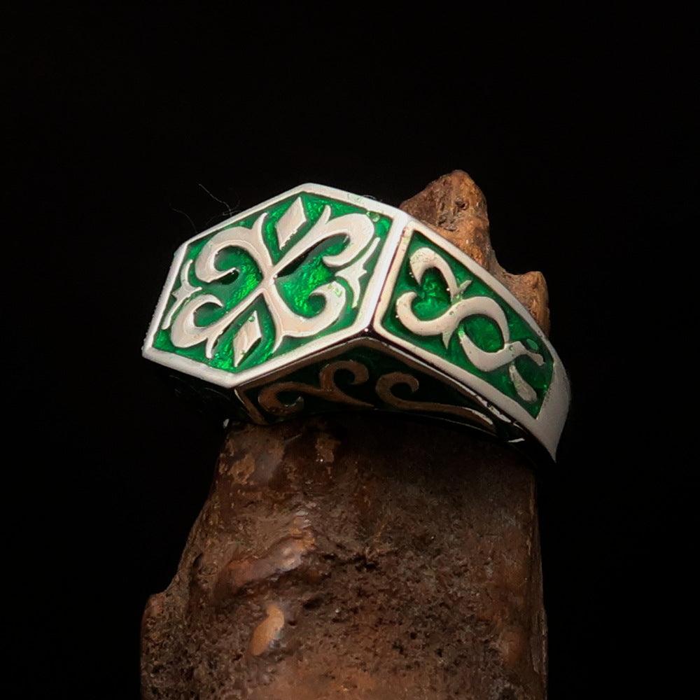 Excellent crafted Men's Medieval Ring green Oriental Crest Sterling Silver - BikeRing4u