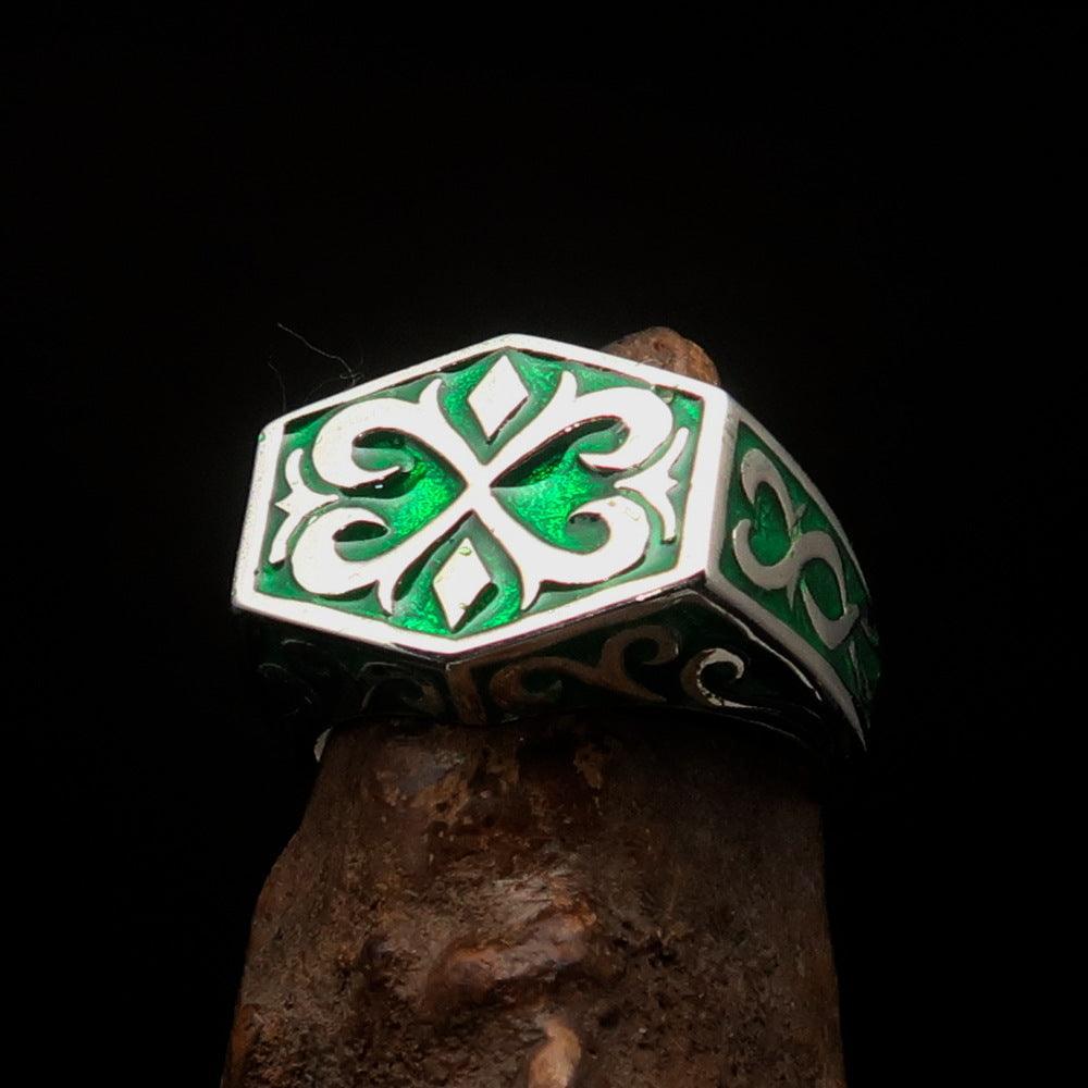 Excellent crafted Men's Medieval Ring green Oriental Crest Sterling Silver - BikeRing4u