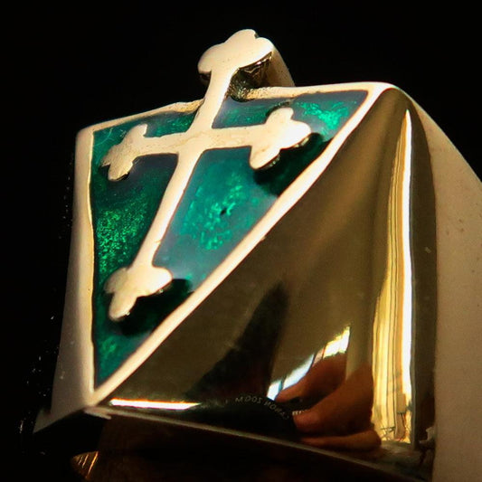 Excellent crafted Men's green Coptic Rose Cross Ring - Solid Brass - BikeRing4u