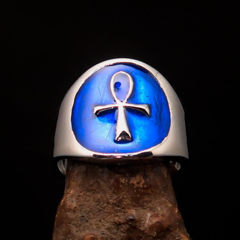 Excellent crafted Men's small blue Egyptian Ankh Cross Ring - Sterling Silver - BikeRing4u