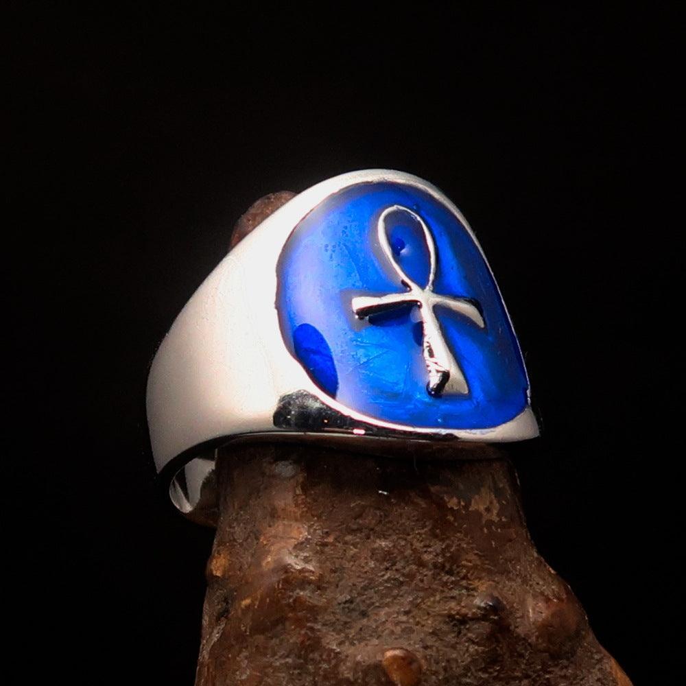 Excellent crafted Men's small blue Egyptian Ankh Cross Ring - Sterling Silver - BikeRing4u