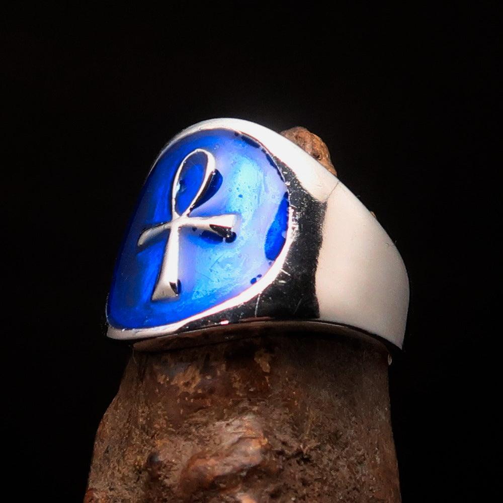 Excellent crafted Men's small blue Egyptian Ankh Cross Ring - Sterling Silver - BikeRing4u