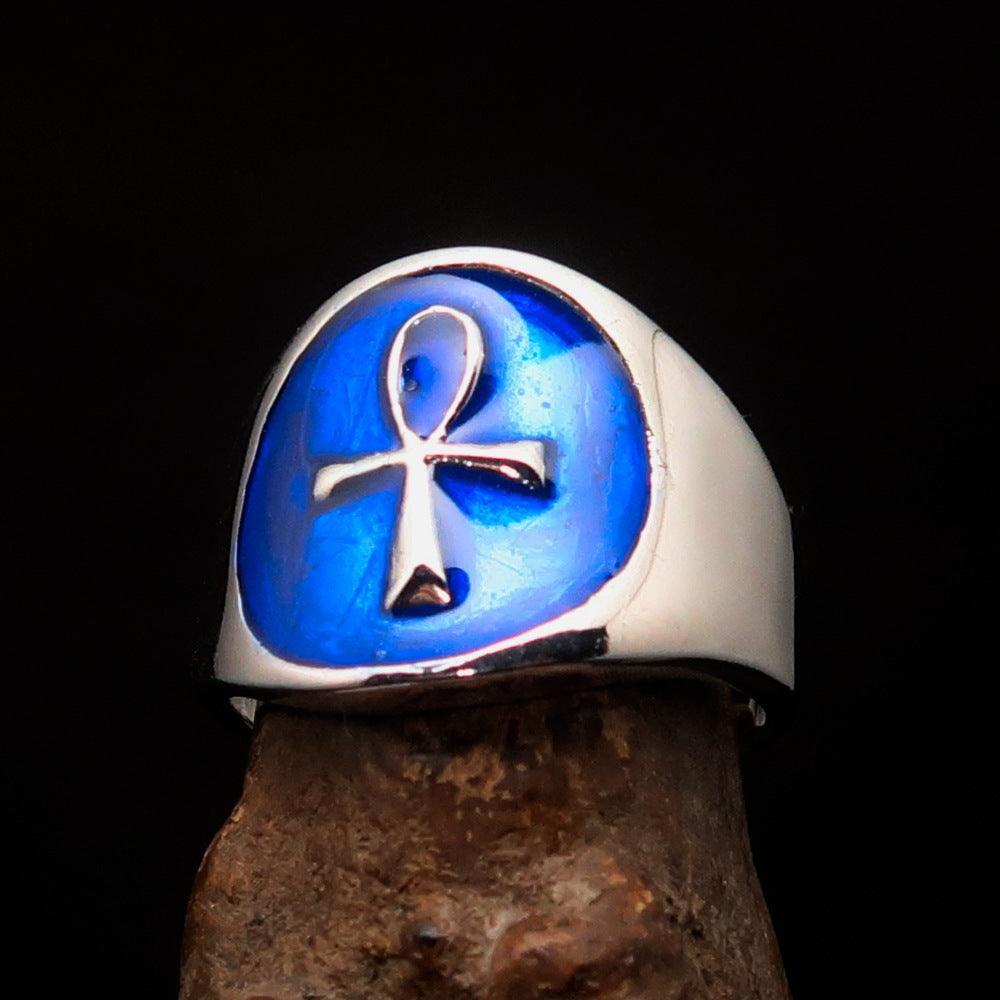 Excellent crafted Men's small blue Egyptian Ankh Cross Ring - Sterling Silver - BikeRing4u