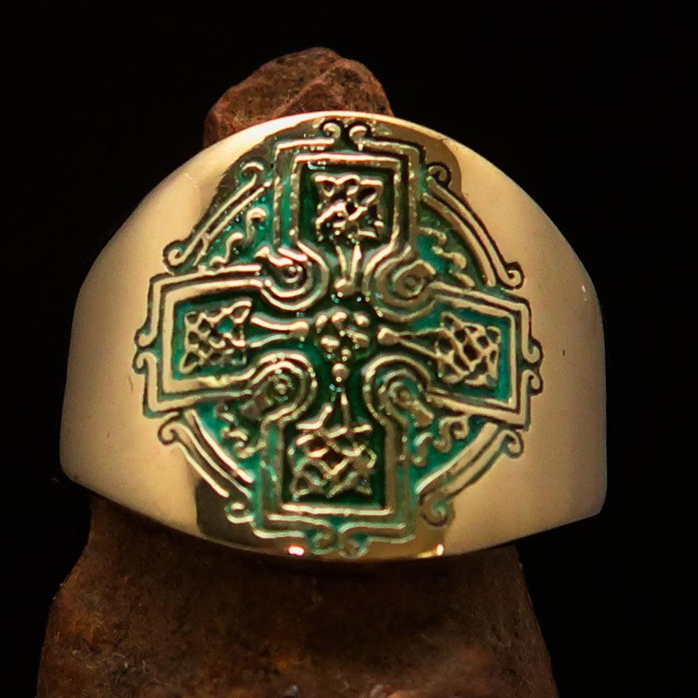 Excellent crafted Men's green Celtic Runes Cross Pinky Ring - solid Brass - BikeRing4u