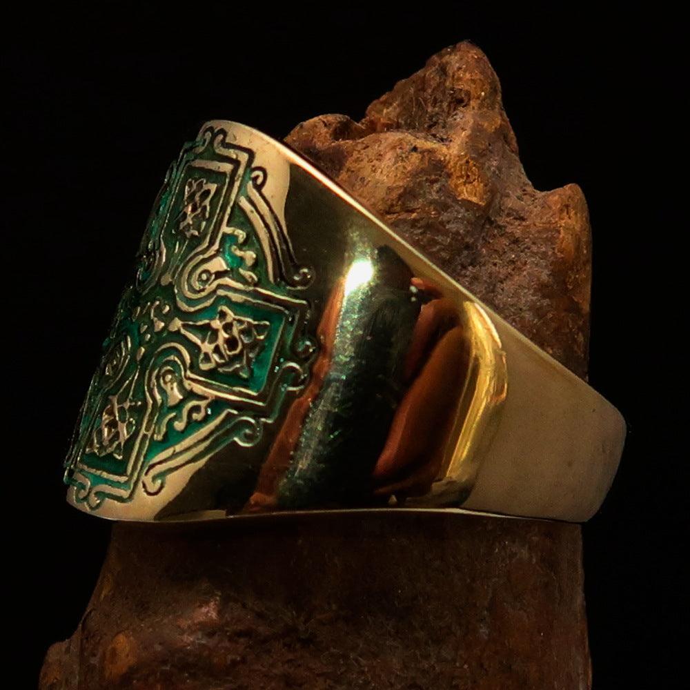 Excellent crafted Men's green Celtic Runes Cross Pinky Ring - solid Brass - BikeRing4u