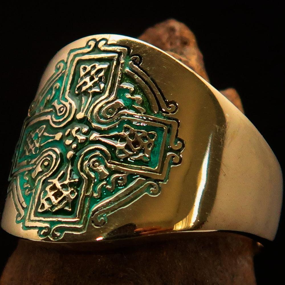 Excellent crafted Men's green Celtic Runes Cross Pinky Ring - solid Brass - BikeRing4u