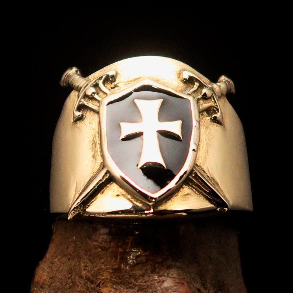Crossed Swords Men's Knights Templar black Cross Ring - solid Brass - BikeRing4u