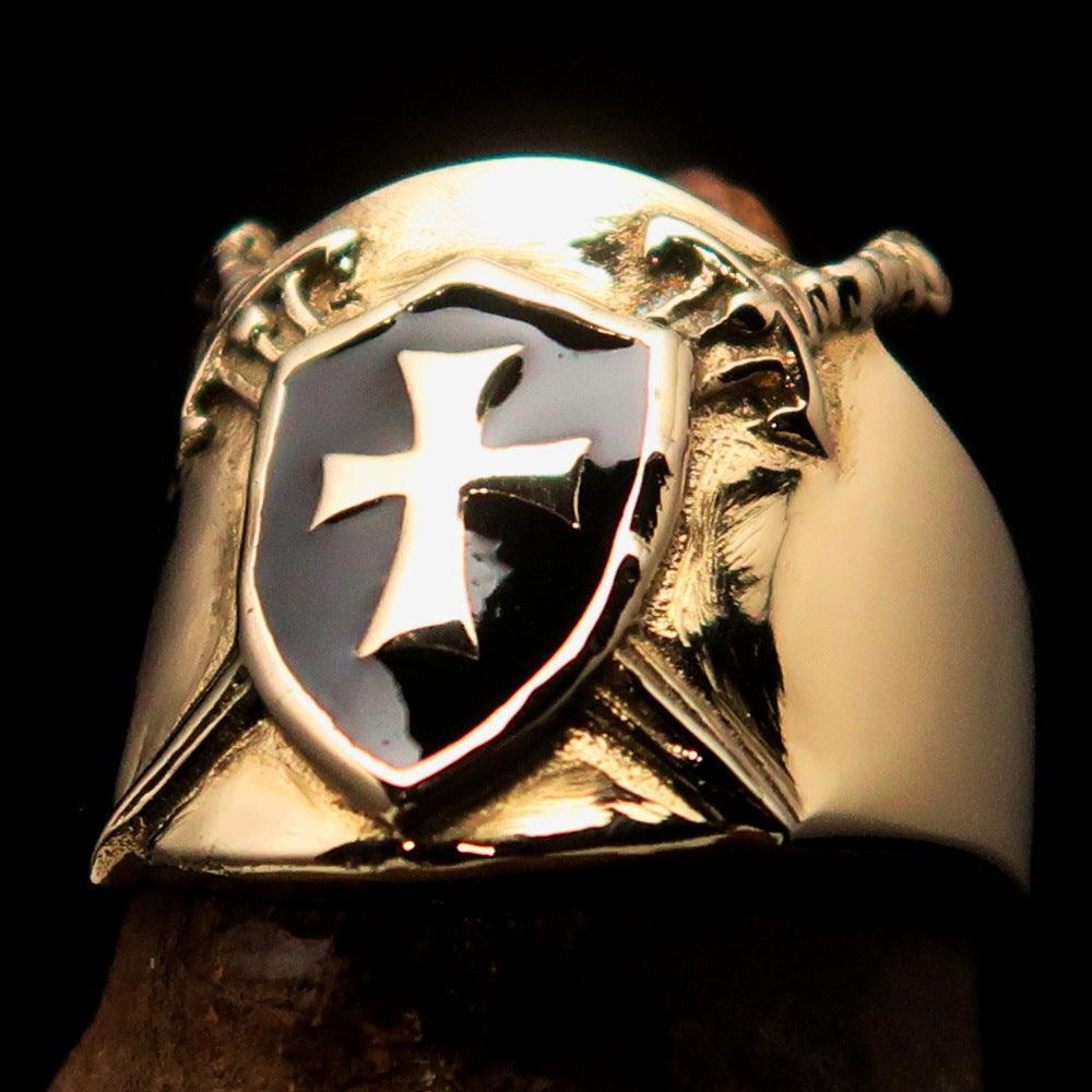 Crossed Swords Men's Knights Templar black Cross Ring - solid Brass - BikeRing4u
