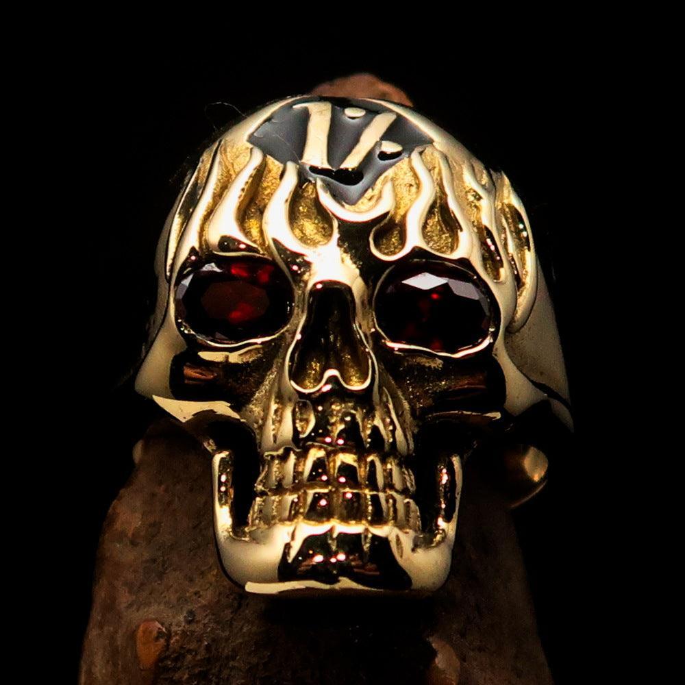 Excellent crafted Men's black 1% Flaming Skull Outlaw Ring red CZ Eyes Enamel - Solid Brass - BikeRing4u