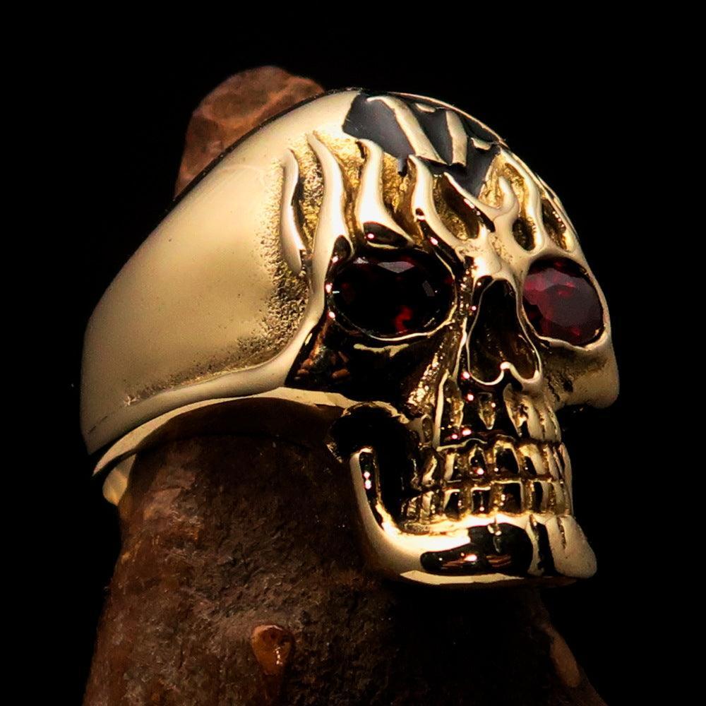 Excellent crafted Men's black 1% Flaming Skull Outlaw Ring red CZ Eyes Enamel - Solid Brass - BikeRing4u