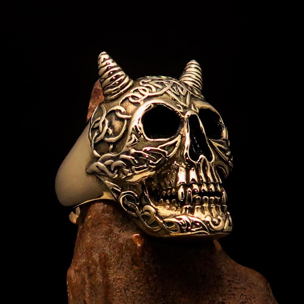 Excellent crafted Men's Brass Devil Biker Ring Celtic Runes Skull - BikeRing4u