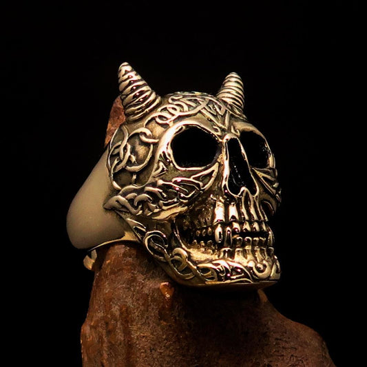 Excellent crafted Men's Brass Devil Biker Ring Celtic Runes Skull - BikeRing4u