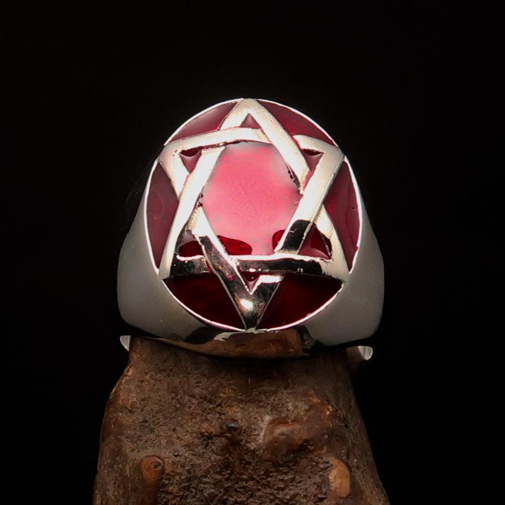 Excellent crafted Men's Hebrew Ring oval Red Star of David - Sterling Silver - BikeRing4u