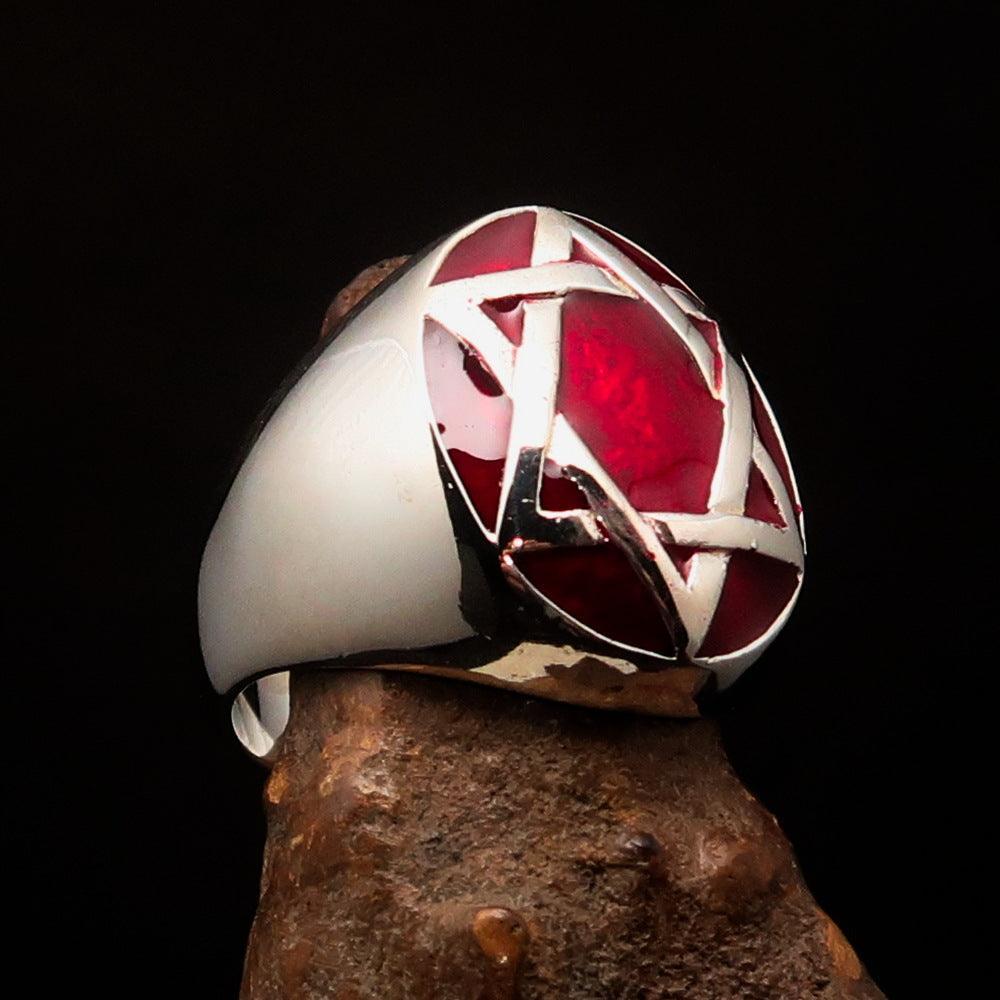 Excellent crafted Men's Hebrew Ring oval Red Star of David - Sterling Silver - BikeRing4u