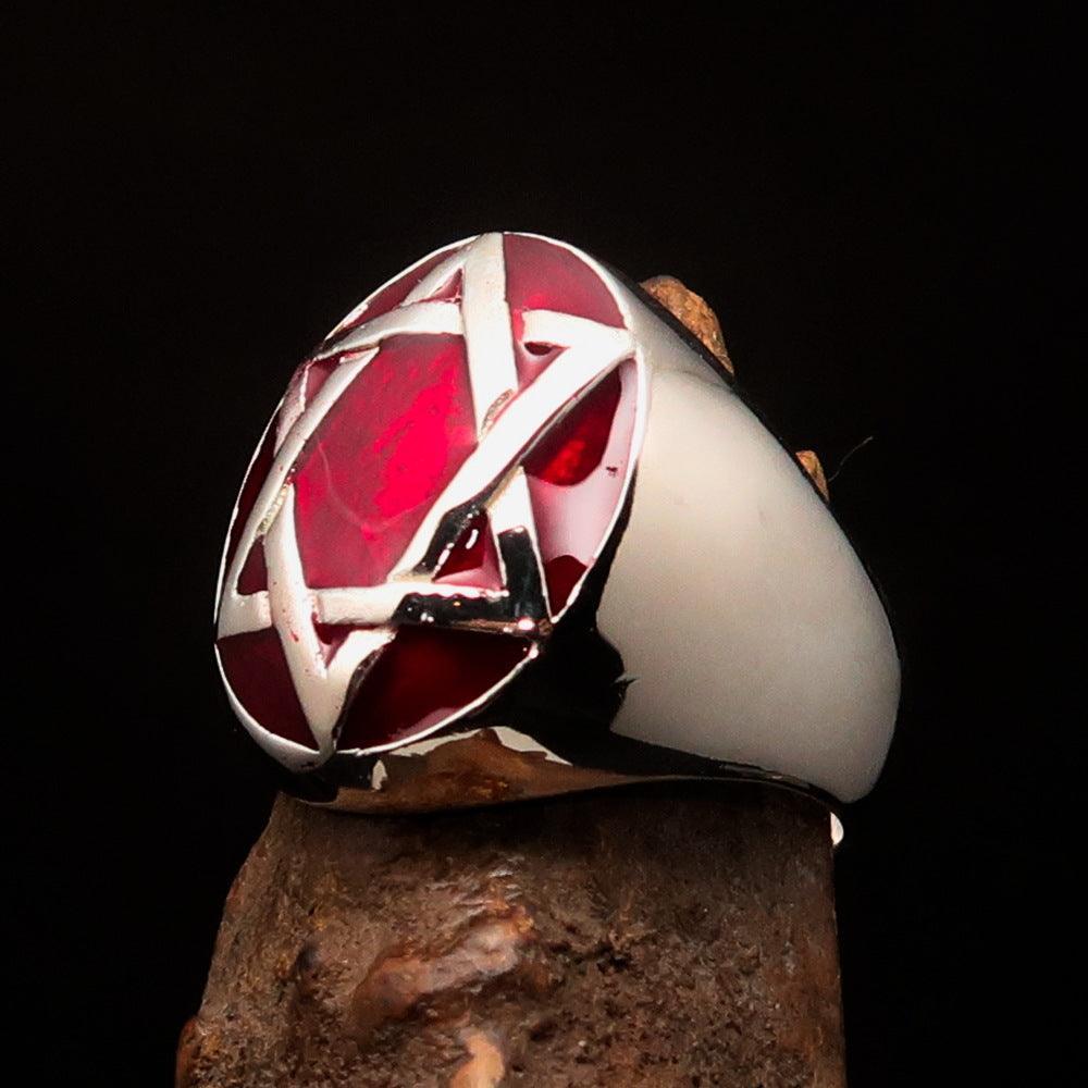 Excellent crafted Men's Hebrew Ring oval Red Star of David - Sterling Silver - BikeRing4u