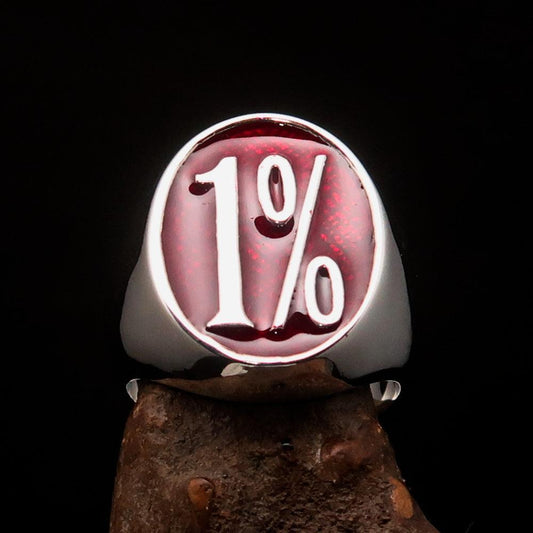 Nicely crafted Men's Outlaw Ring oval red 1% Percent Symbol - Sterling Silver - BikeRing4u