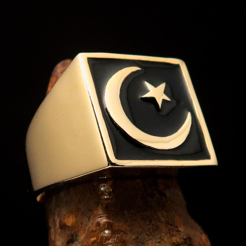 Perfectly crafted Men's Ring Crescent Moon and Star Black - Solid Brass - BikeRing4u