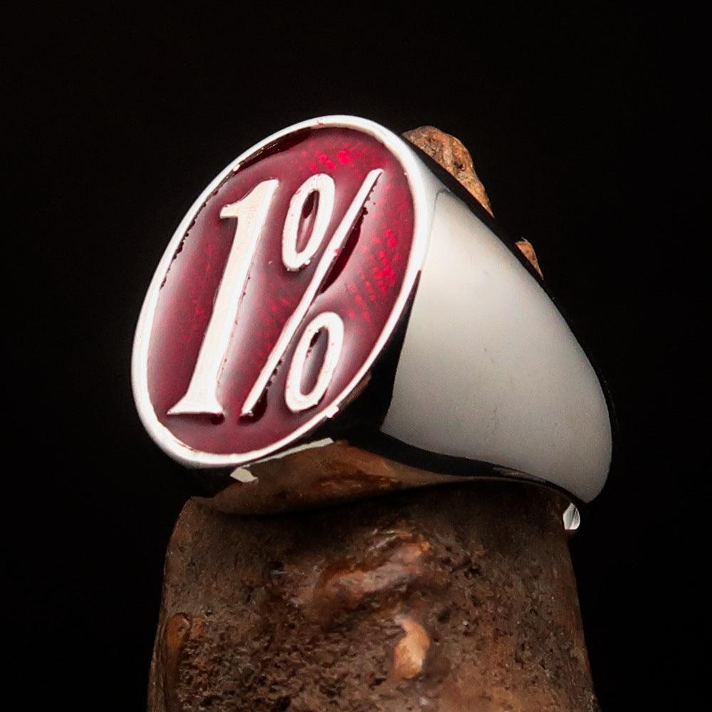 Nicely crafted Men's Outlaw Ring oval red 1% Percent Symbol - Sterling Silver - BikeRing4u