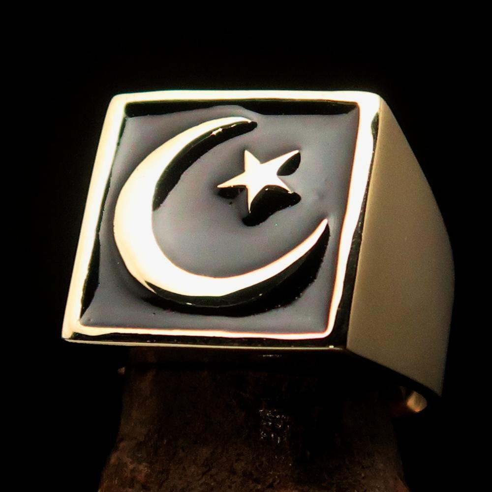 Perfectly crafted Men's Ring Crescent Moon and Star Black - Solid Brass - BikeRing4u