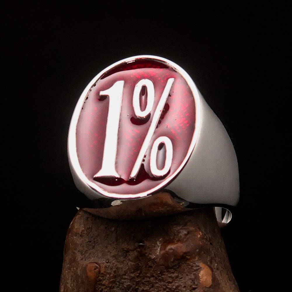 Nicely crafted Men's Outlaw Ring oval red 1% Percent Symbol - Sterling Silver - BikeRing4u