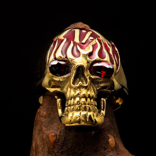 Excellent crafted Men's red 1% Flaming Skull Outlaw Ring red CZ Eyes Enamel - Solid Brass - BikeRing4u