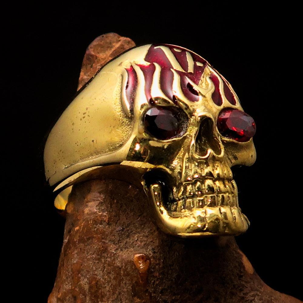 Excellent crafted Men's red 1% Flaming Skull Outlaw Ring red CZ Eyes Enamel - Solid Brass - BikeRing4u