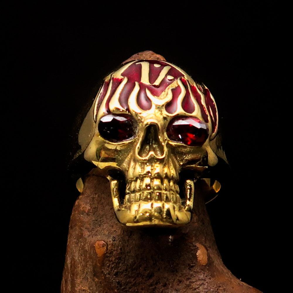 Excellent crafted Men's red 1% Flaming Skull Outlaw Ring red CZ Eyes Enamel - Solid Brass - BikeRing4u