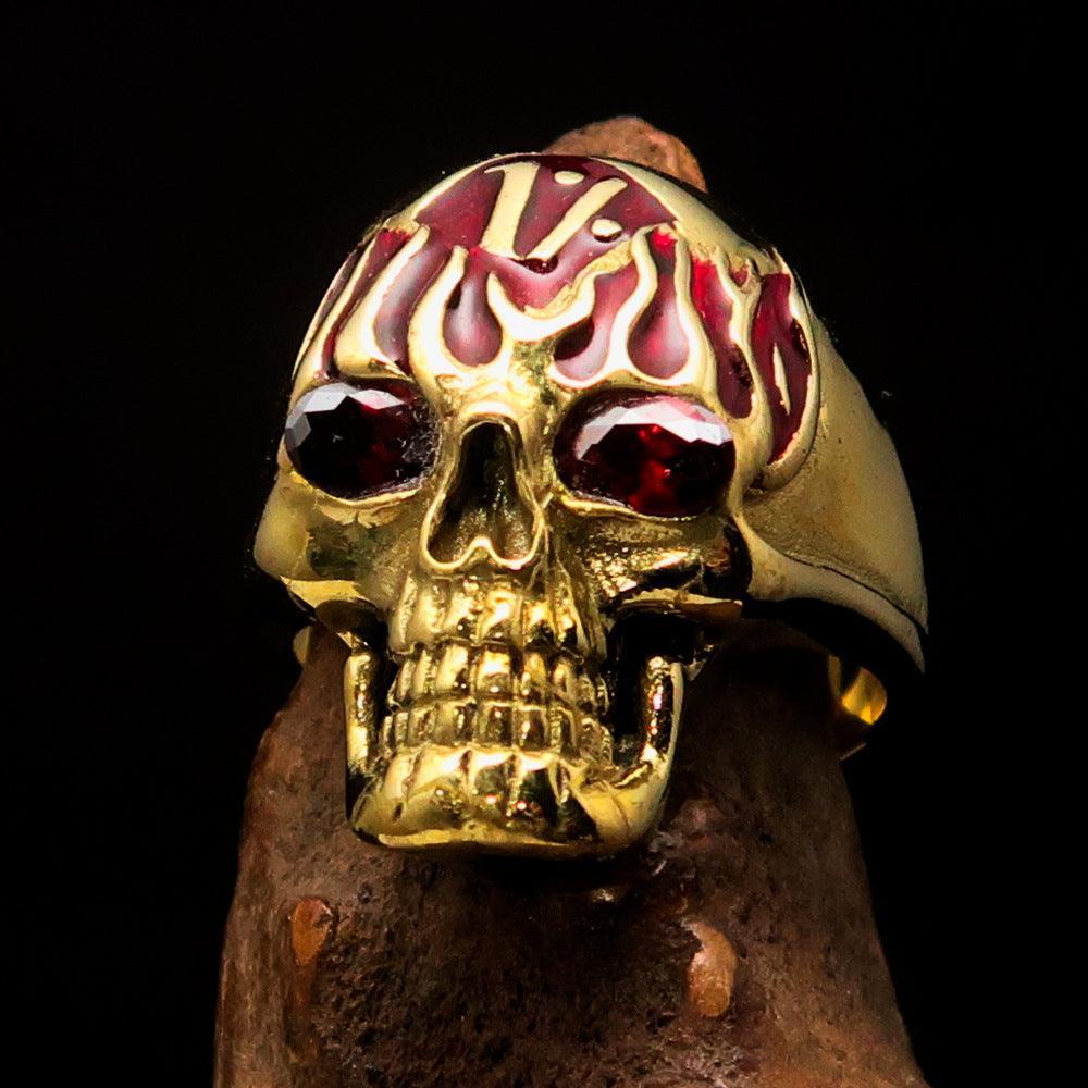 Excellent crafted Men's red 1% Flaming Skull Outlaw Ring red CZ Eyes Enamel - Solid Brass - BikeRing4u